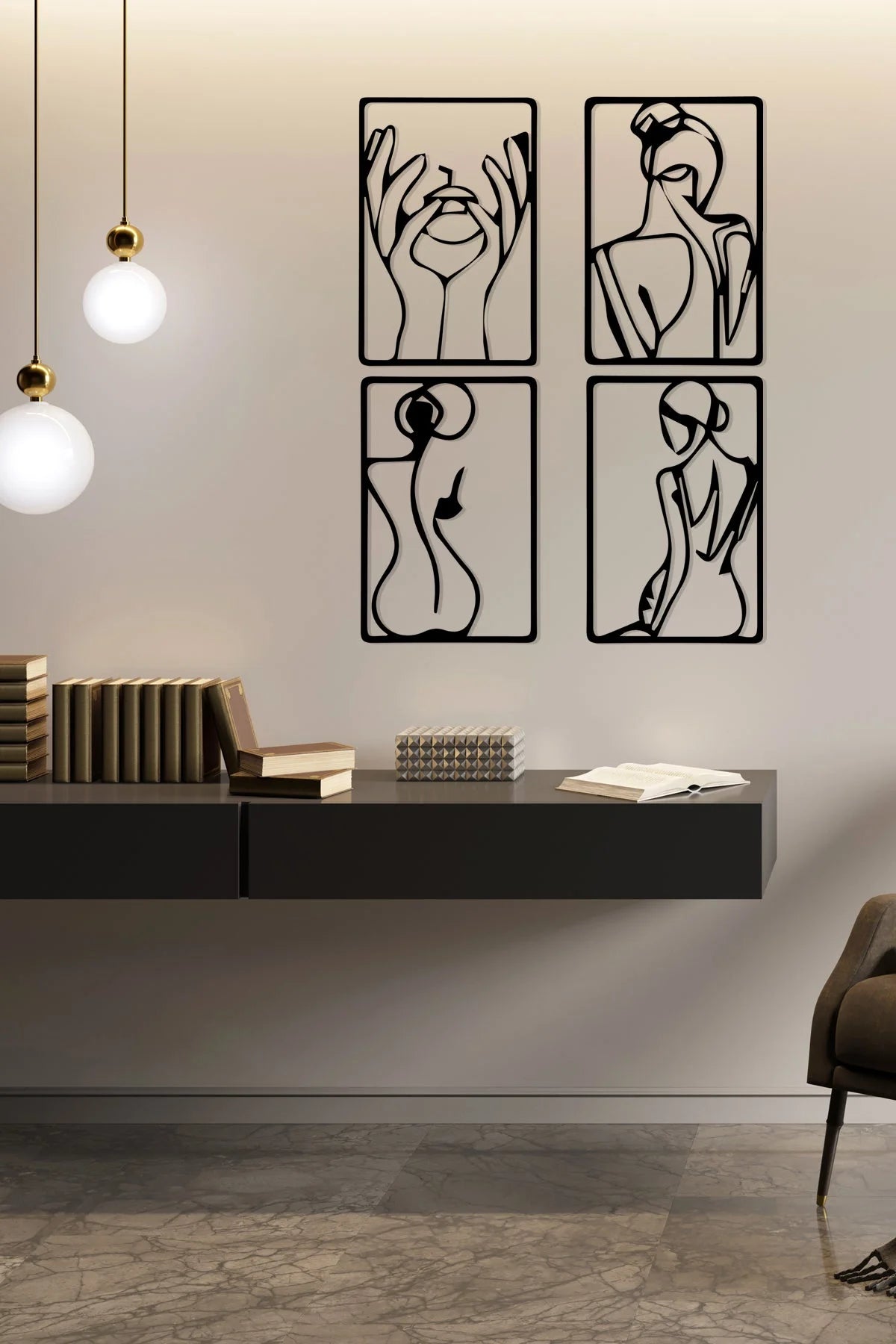 Zarafetin Çizgileri - 4’lü Minimal Kadın Figür Metal Duvar Dekoru